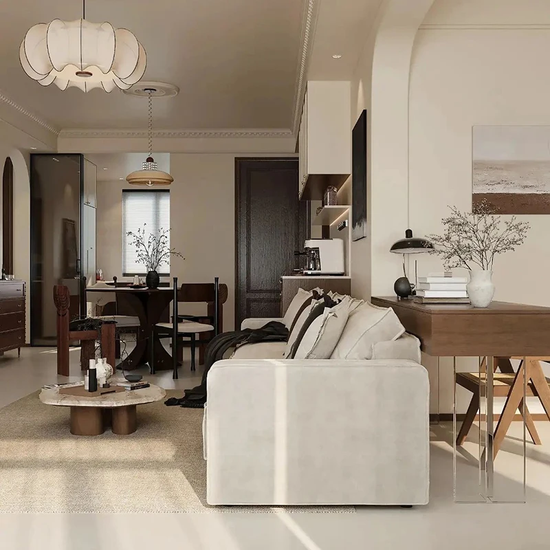 طاولة طعام خشبية على الطراز الكريمي العتيق، خزانة غرفة المعيشة، تصميم جرافيك مخصص للمنزل بأكمله لمشروع الشقة أو الفيلا