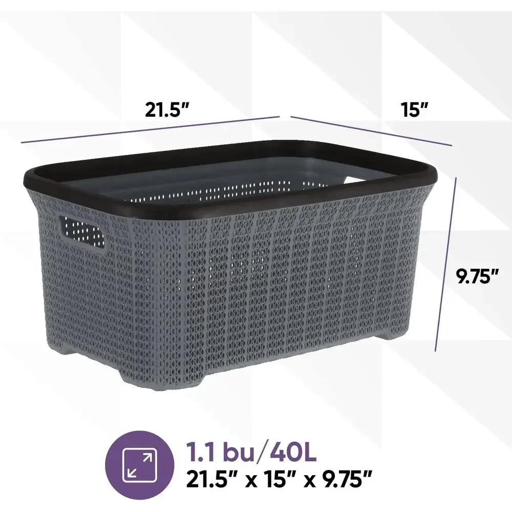 Compact 2-Pack Grey Laundry Baskets with Knit Design for Space-Saving Storage in Home.