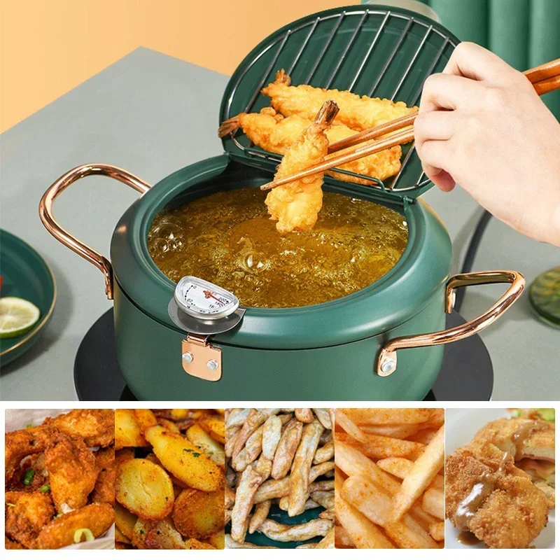 

304 Stainless Steel Deep Frying Pot with Thermometer And Lid Japanese Style Oil Pan for Kitchen Tempura And French Fries