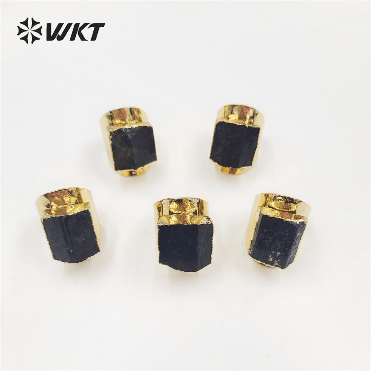 WT-R422 Wholesale Fashion Black Tourmaline Cigar Wide Band Ring 18k Real Gold Plated Everyday Wear Stone For Women