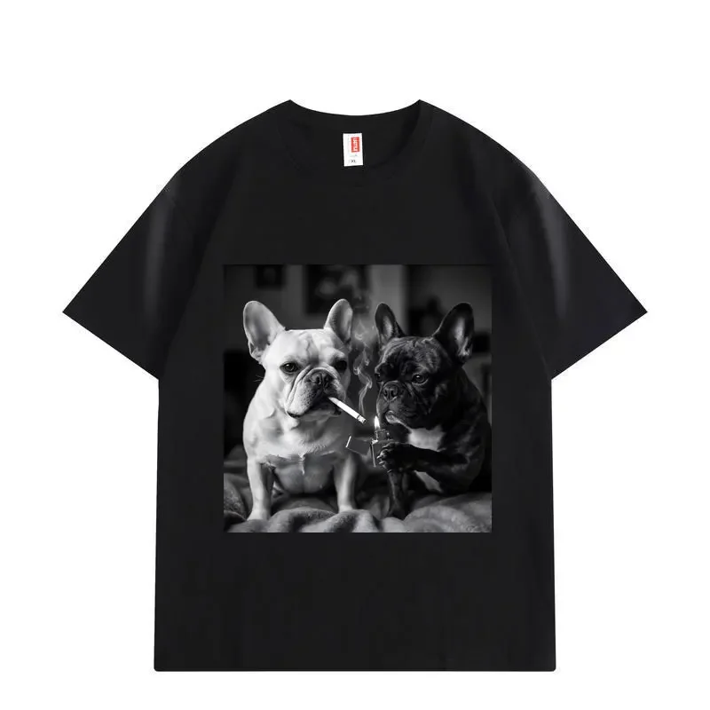 French Bulldog Smoking Funny Meme Graphic T Shirts Men Women Fashion Vintage Short Sleeve T-shirt Summer Cotton T-shirts