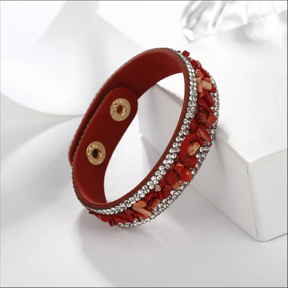 2022 Newest Fashion Women\'s Leather Wrap Bracelet Colorful Crystal Beads Metal Button Clasp Bracelet Handmade Jewelry Bohemian