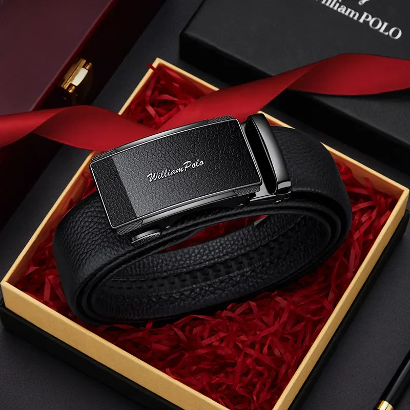 Men's leather Men's leather automatic buckle belt cowhide pure belt young genuine leather belt gift box with high-end gift