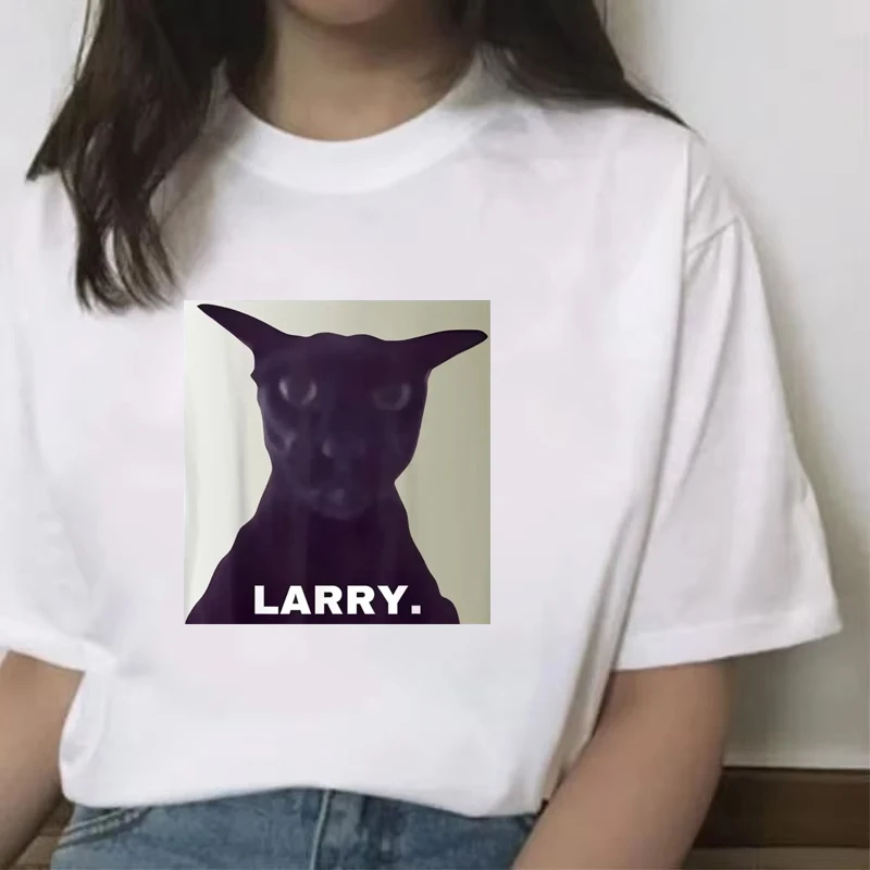Kawaii Evil Larry Cat T-Shirt Women Funny Summer Loose Short Sleeve T-shirt Kitty Cat Lover Streetwear Tees Y2k Clothing Top