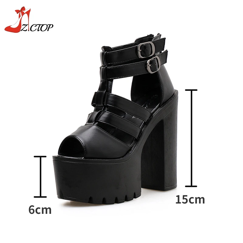 15cm Super High Heels Platform Women Sandals Peep Toe Chunky Heel Rome Shoes Summer Women Pumps Black White Party Shoes