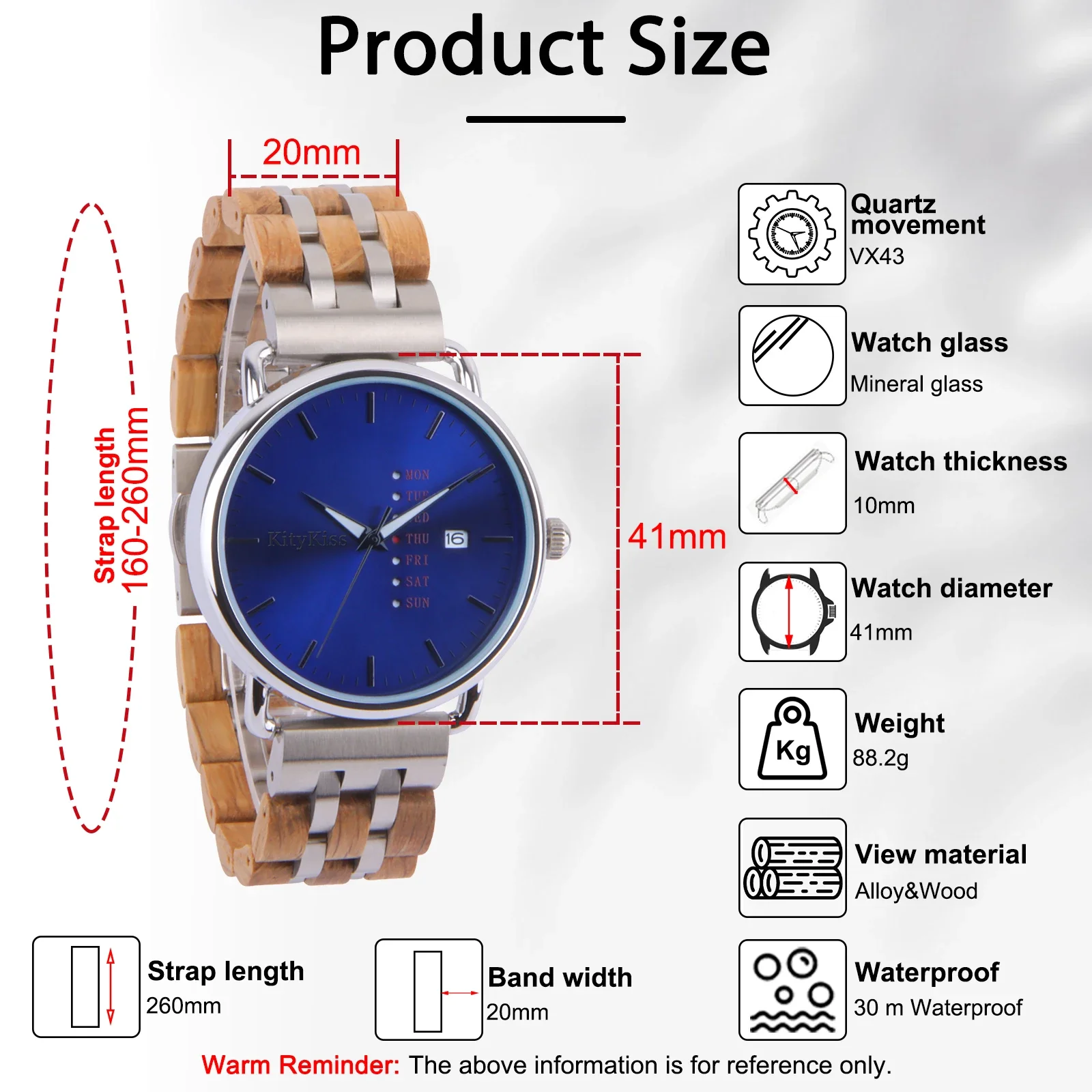 KityKiss-Reloj de madera fino para hombre y mujer, resistente al agua, de cuarzo, con fecha semanal, aleación combinada con embalaje de regalo