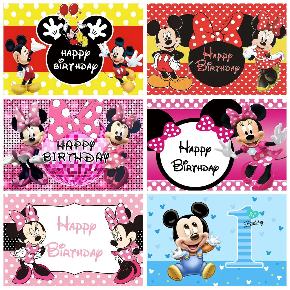 Fondo de fotografía de cumpleaños de Minnie y Mickey Mouse de Disney, decoración para fiesta de primer cumpleaños de niña, fondo para fotos
