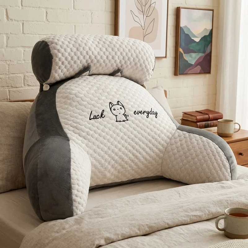Adjustable Reading Pillow, Ergonomic Backrest Support Cushion, Breathable Quilted Gray Pillow for Bed, Sofa, Floor, Gaming & TV