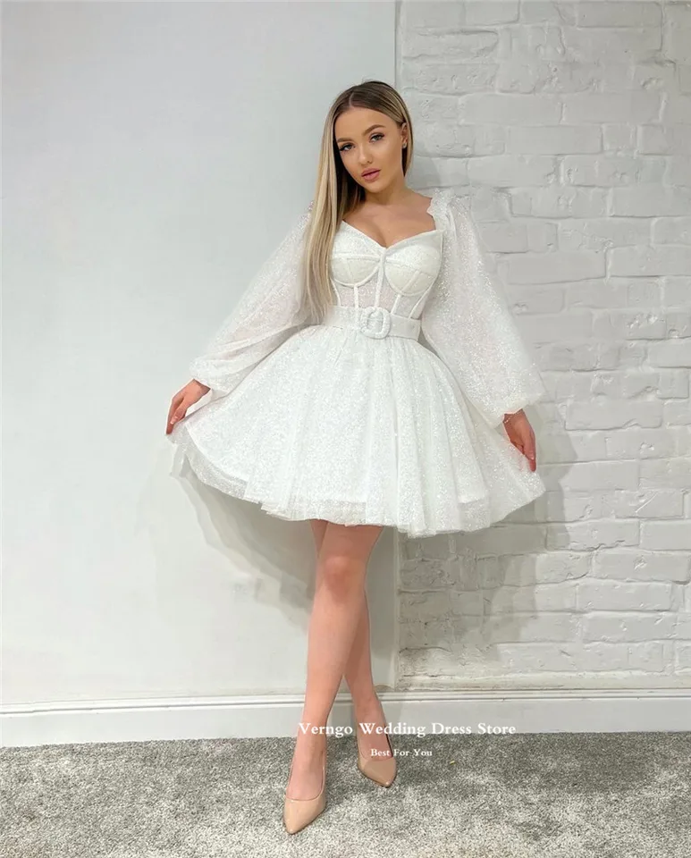 Verngo Glitter Puff Long Sleeves Short Wedding Dresses Tulle Sweetheart Mini Princess Bride Gowns Formal Party Dress For mariage - AliExpress 320 Verngo Glitter Puff Long Sleeves Short Wedding Dresses Tulle Sweetheart Mini Princess Bride Gowns Formal Party Dress For mariage - AliExpress 320