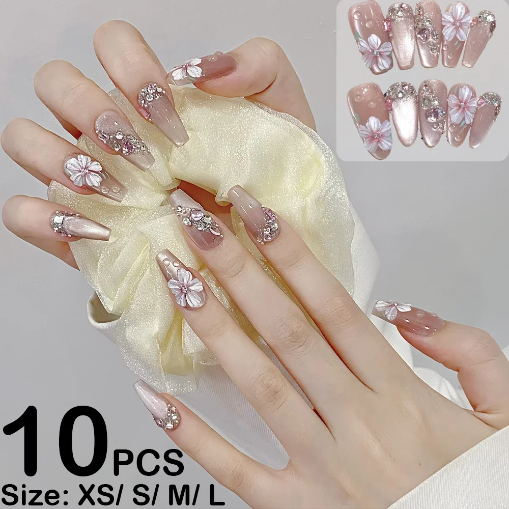 

10Pcs Pink Cat Eye Press On Nails Stereoscopic Hand Painting Covered Nail Tips Flower Short Trapezium Flash Date Nails Art