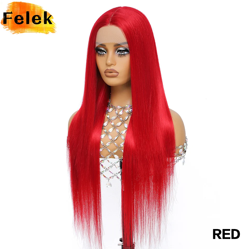 Ombre Красный Шелковистый Прямой Парик Шнурка 30-дюймовый Черный Синтетический Парик Фронта Шнурка Для Женщин Высокое Качество Предварительно Сорванные Волосы Афро Парики