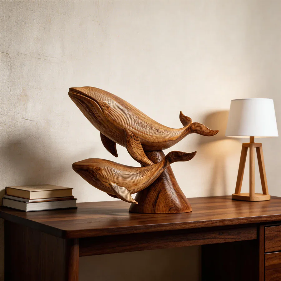 Lifelike Handmade Wooden Whale Engraved Tabletop Ornament Modern Marine Animal Accent Coastal Home Decor Coffee Shop Retail