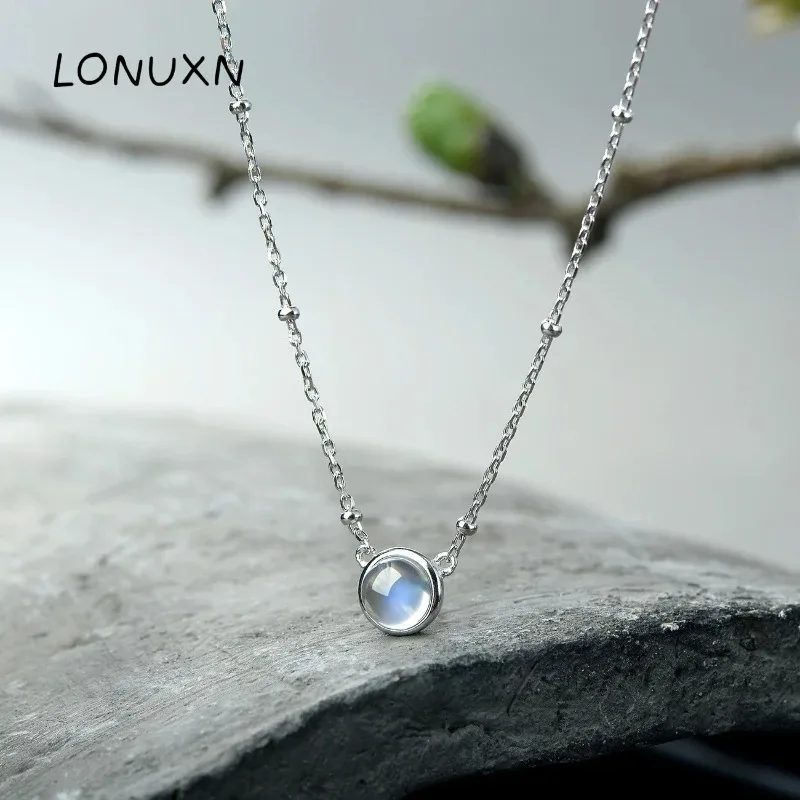 High Quality 925 Sterling Silver Natural Moon Stone Necklace Women Jewelry Girls Round Cute Moonlight Pendant with Chain Gift