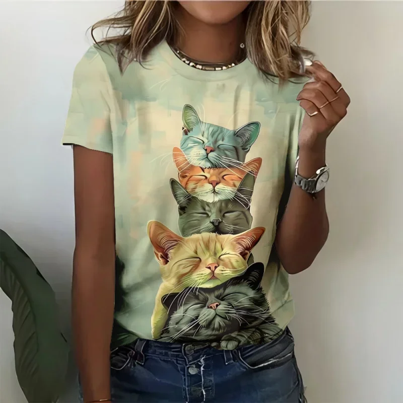 T-shirt d'été à manches courtes pour femmes, imprimé chat 3d, mode tempérament élégant, Streetwear, vêtements féminins populaires