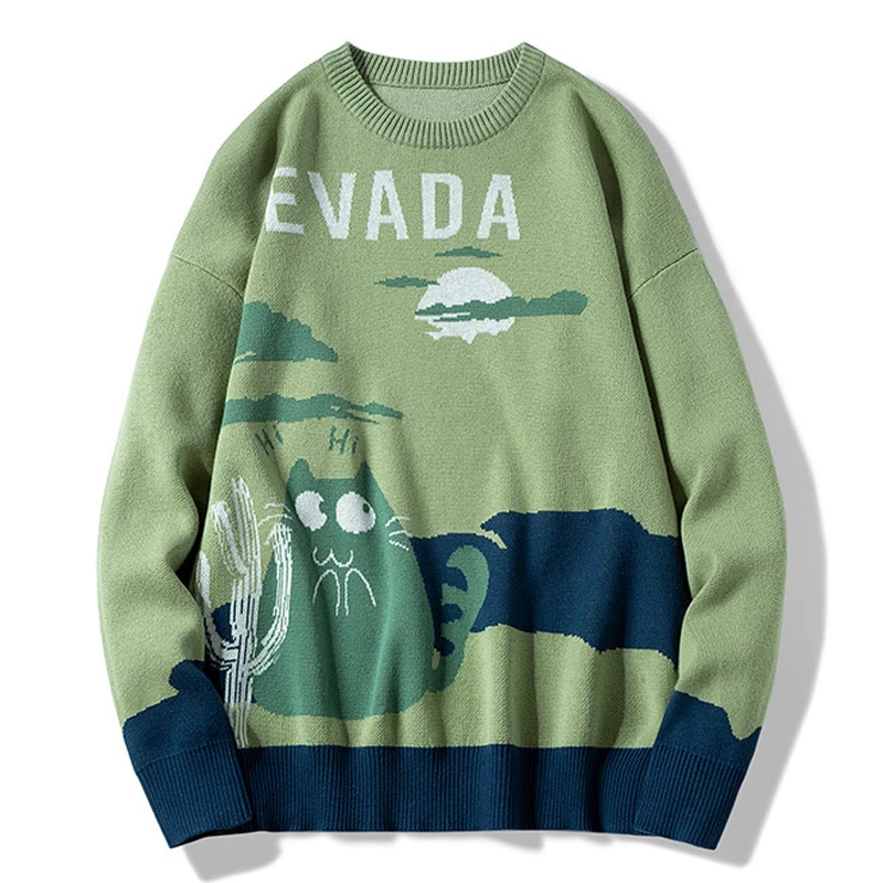 

Kitten Knitted Sweater Oversized Pullover Streetwear Green Knitted Sweaters Male Oversized Pullover Spring Autumn