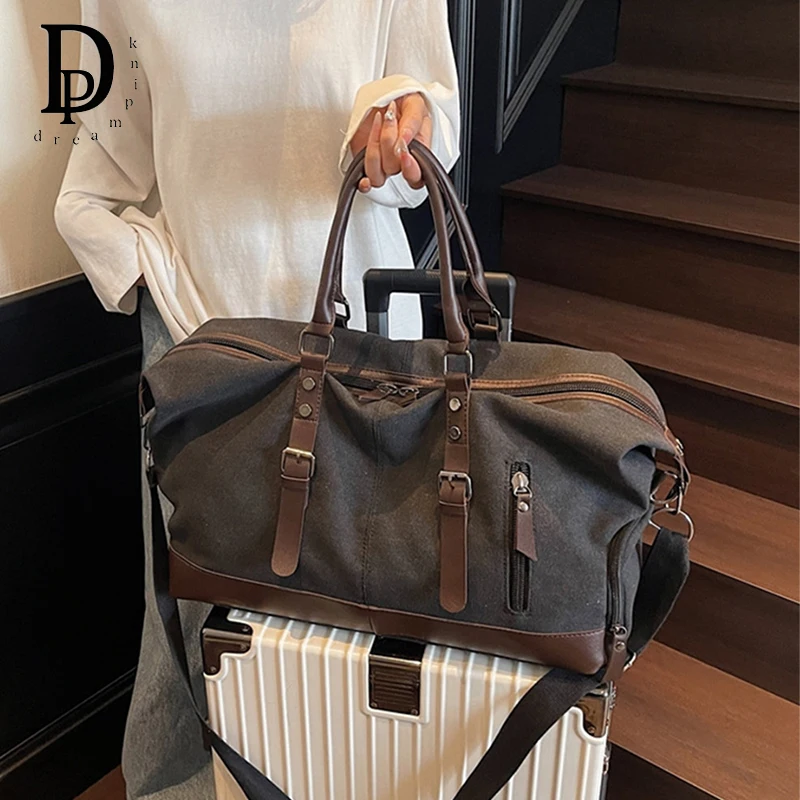 

Vintage Canvas Casual Weekend Bag Travel Tote Bag Portable Large Capacity Duffle Bag With Shoe Compartment Crossbody Luggage Bag