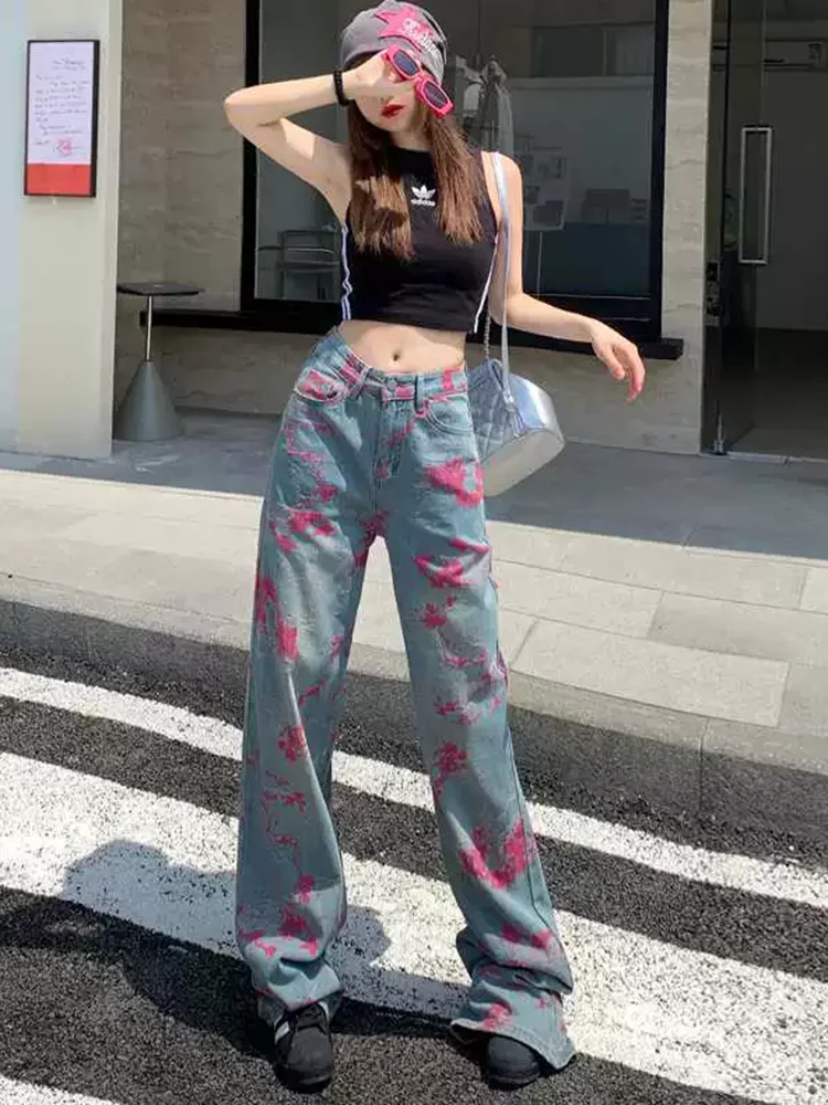 Jeans ricamati streetwear moda vintage a vita alta dritti gamba larga Vaqueros pantaloni denim coreani casual da donna retrò