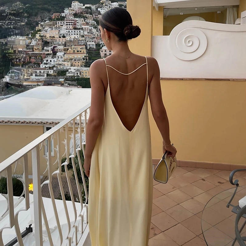 Summer Sexy Open Back Sleeveless Slip Maxi Dress Cut Out Club Party Dresses Holiday Elegant Outfits Satin Vestido Summer Dress