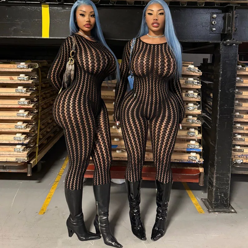 Sexy See Through Black Jumpsuit Woman Night Out Rave Club Party Striped Mesh Romper One Pieces Skinny Stretchy Bodycon Catsuit