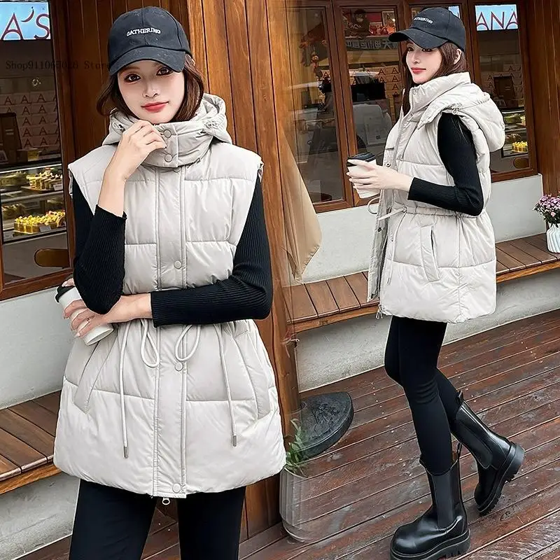 Autumn and Winter Pure Color Simple Korean Version Cotton Waist Slim Fit Hooded Cotton Vest Sleeveless Coat Women