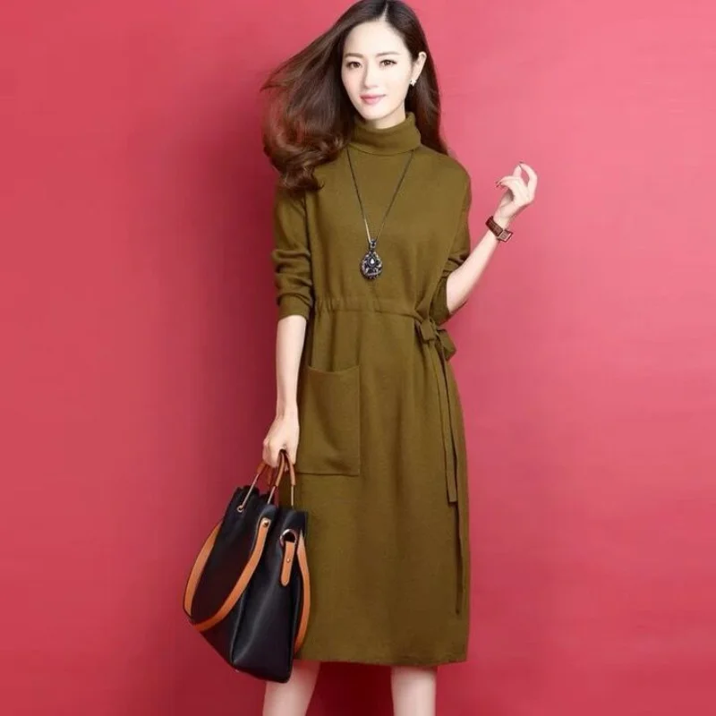 Women Autumn and Winter Korean Style New Turtleneck Pullover Solid Color Bow Tighten Your Waist Appears Thin Long Sleeves Dress