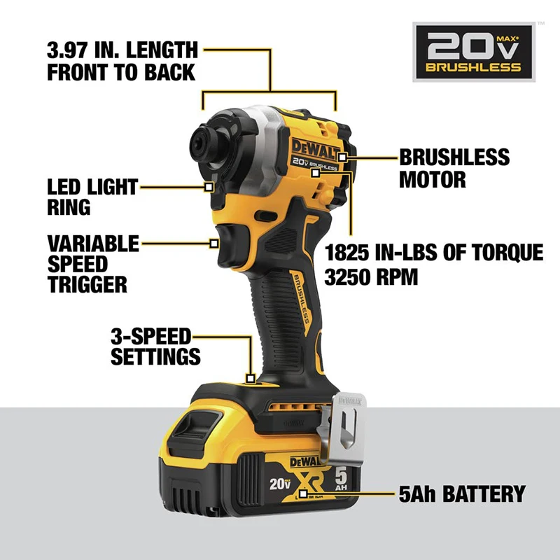 Imagem -02 - Chave de Fenda Elétrica Brushless Cordless Hand Broca Combo Kit Chave de Impacto com Bateria de Lítio Dewalt-dcf850 20v