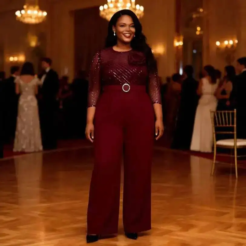 Plus-size Women's Slimming Jumpsuit, High-waisted Wide-leg Jumpsuit With Sheer Mesh Sleeves, Elegant And Suitable For Casual Y2K