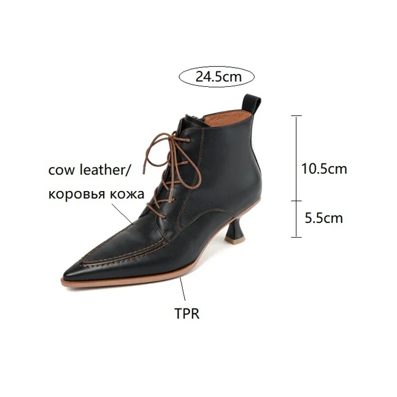 NEW Autumn Women Shoes Pointed Toe High Heel Boots Women Genuine Leather Ankle Boots for Women Winter Lace Elegant Modern Boots