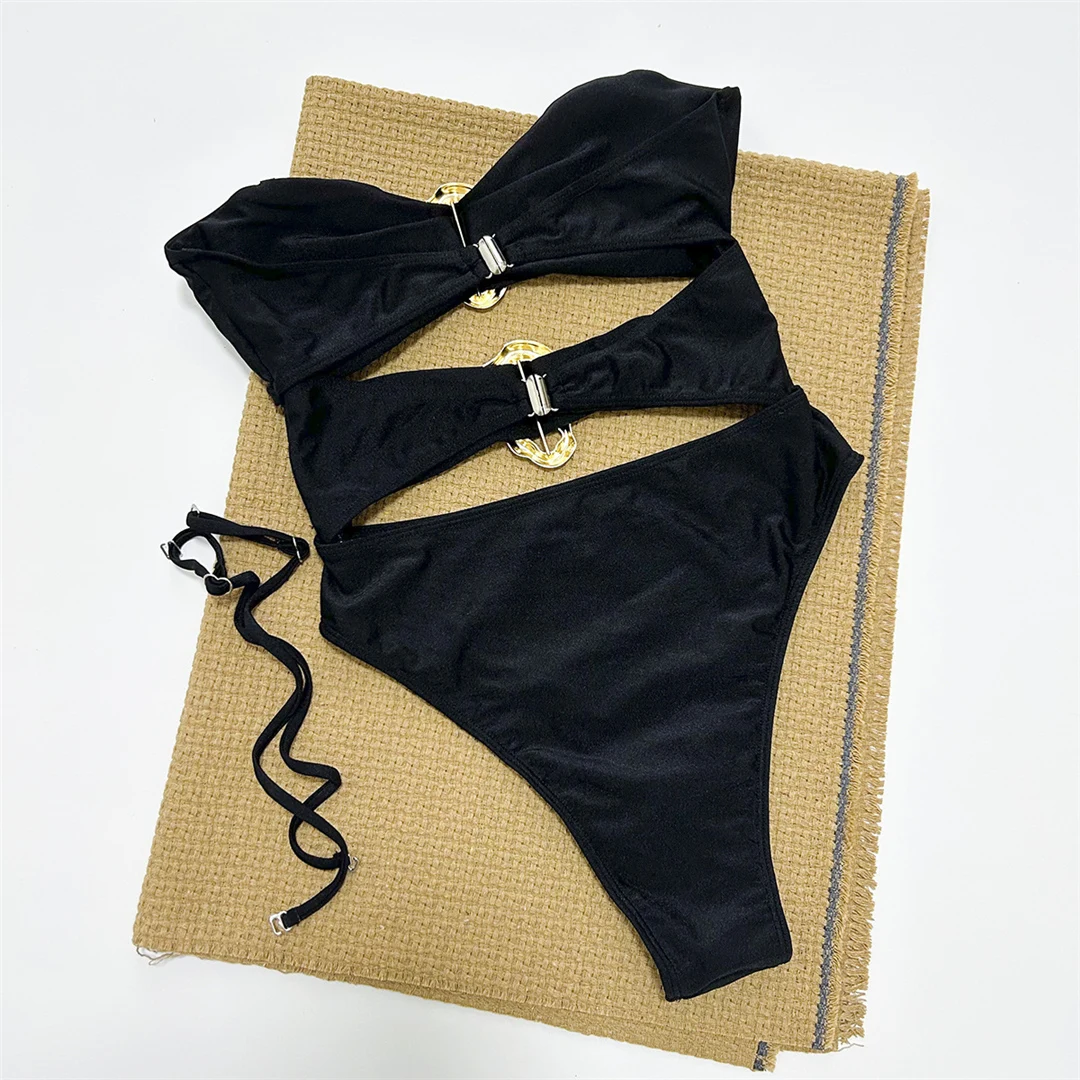 3 Farben, sexy Metallringe, ausgeschnittener Damen-Badeanzug, einteiliger Badeanzug, Damen-Bandeau, hoher Beinausschnitt, Badebekleidung, Badeanzug, Modell V5931. – Detail 16