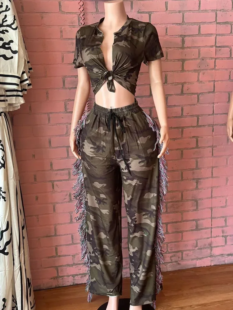 طقم ملابس من قطعتين مطبوع مموه للنساء ، توب قصير برباط ، شرابة جانبية ، بنطلون بساق واسعة ، أطقم متطابقة ، ملابس الشارع Y2K ، #6