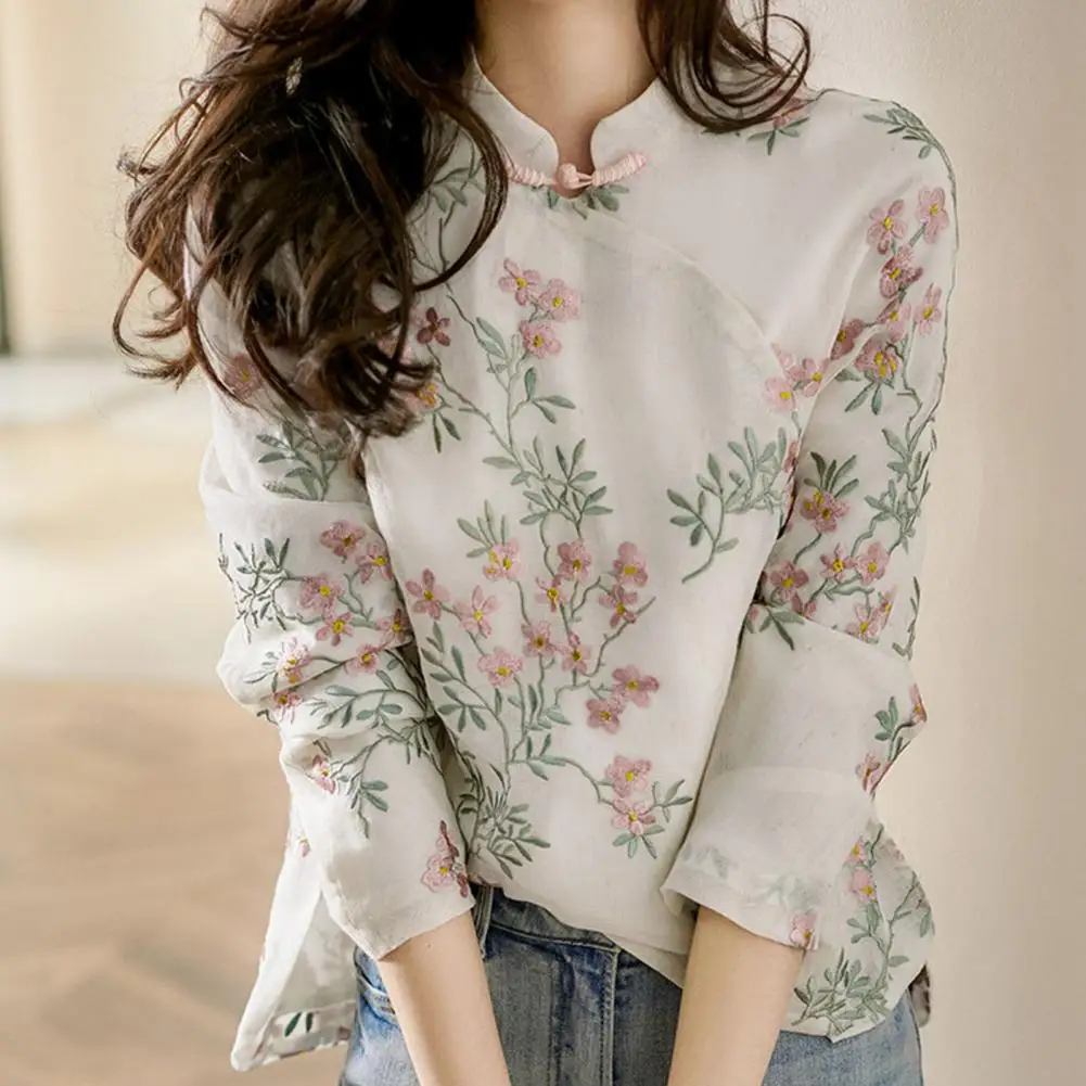 Chinese Style Embroidery Elegant Long Sleeve Cheongsam Shirt Women Shirt Daily Wear Retro Frog Buttons Cotton Linen