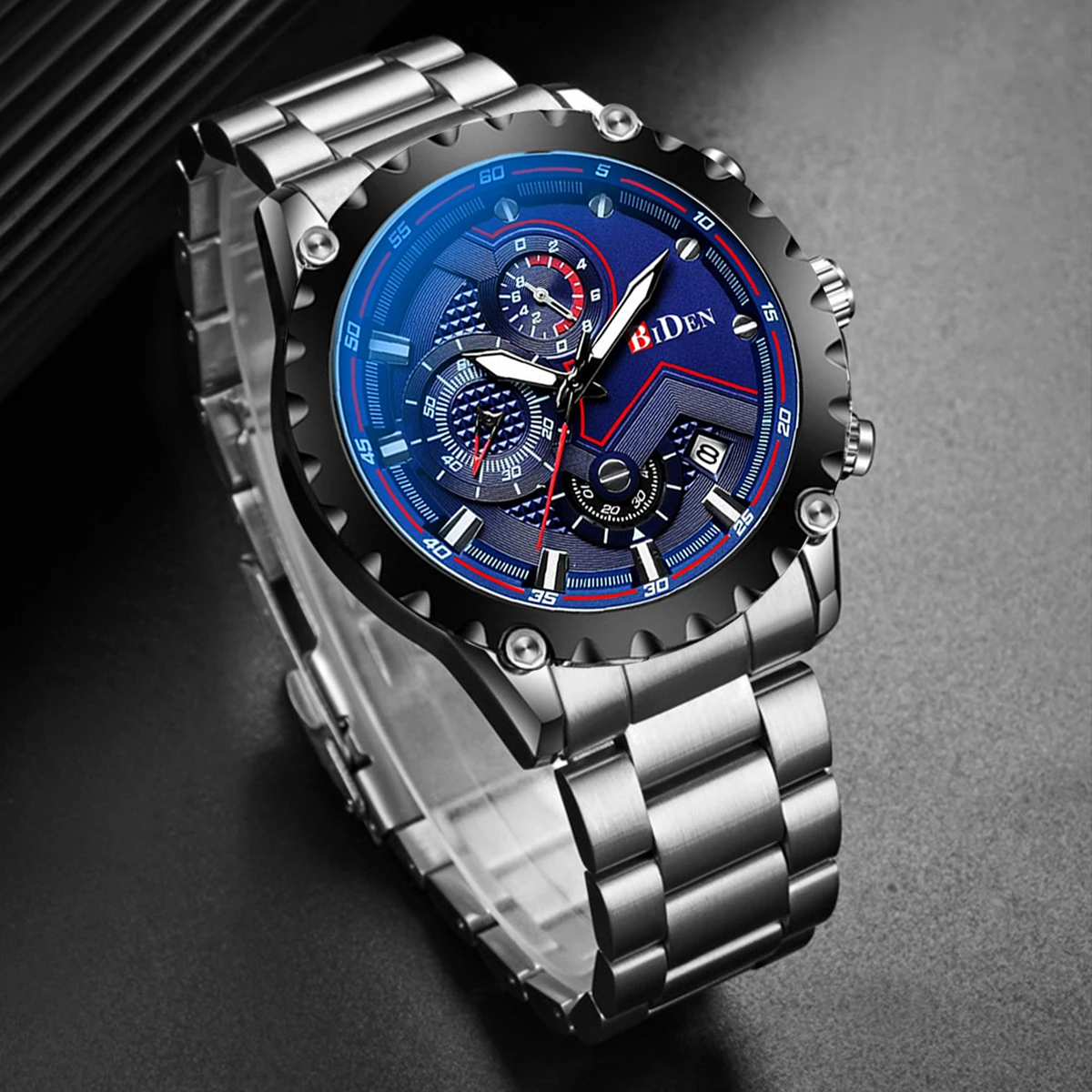 BIDEN Fashion Creative Men's Large Dial Quartz Stone Watch Stainless Steel Strap Night Light Waterproof Date Men's Watch