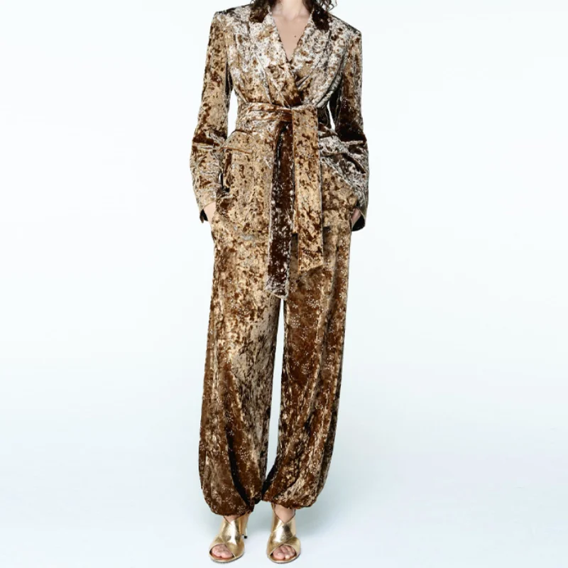 

Glittering Velvet Two Piece Set for Women Lapel Shoulder Padded Belt Blazer Coat Side Zipper Skinny Pant 2025 New Lady Outfit