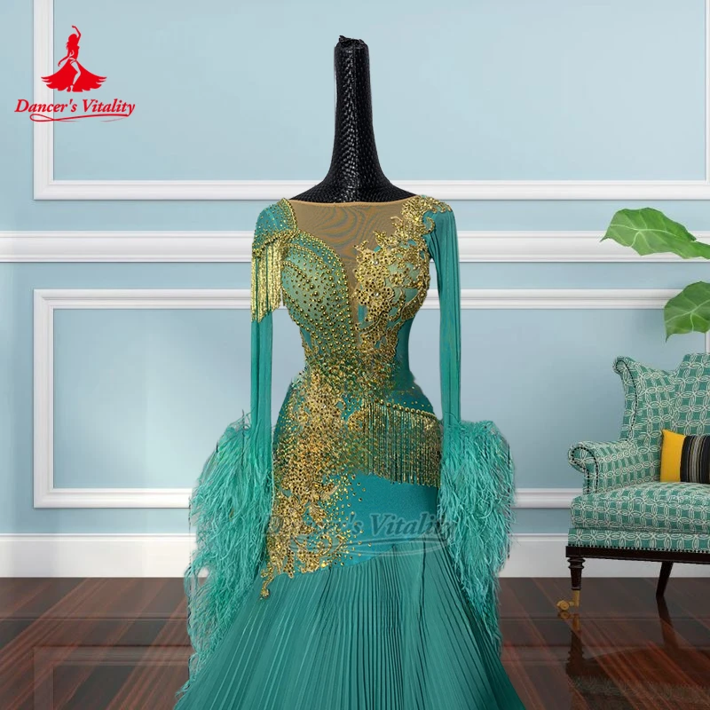 فساتين الفالس للبالغين ذات ثنيات بحاشية سفلية وأكمام طويلة فساتين فاخرة مخصصة لحيوية الراقصة والرقص الاجتماعي ملابس مسابقة ريش النعام #2