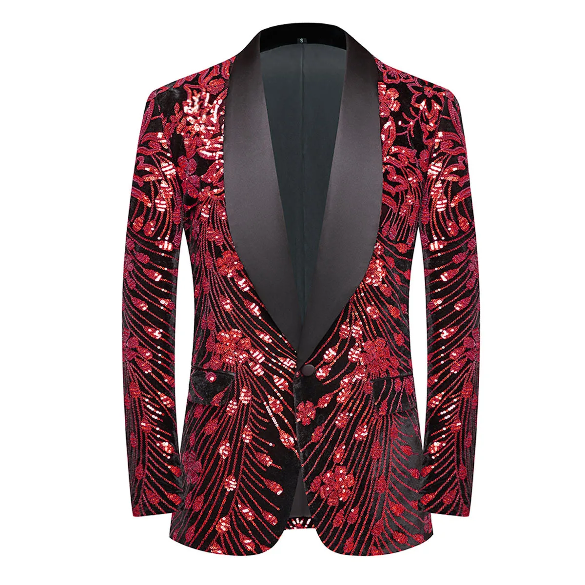 

Men's Luxury Wedding Banquet Groom Floral Suit Jacket Gold Red Sequins Tuxedo Blazer Shawl Collar Slim Fit Host Stage Costume