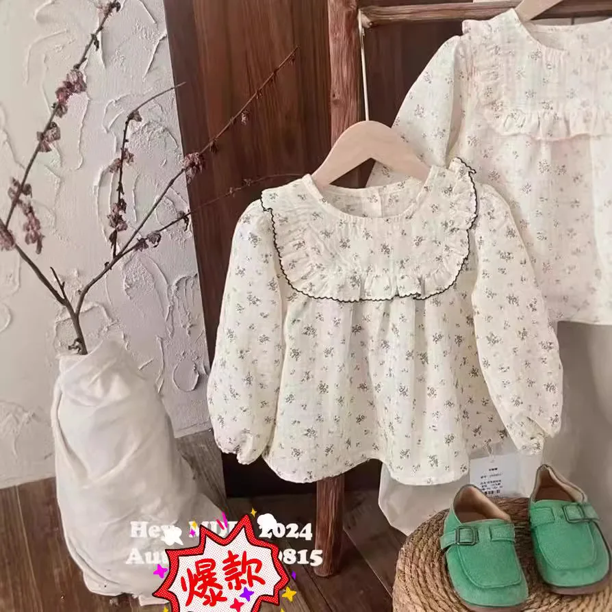 الأطفال ملابس الفتيات الكورية نمط الأزهار الطازجة قميص الطفل الأجنبية الدانتيل قميص ربيع جديد قميص طويل الأكمام #2