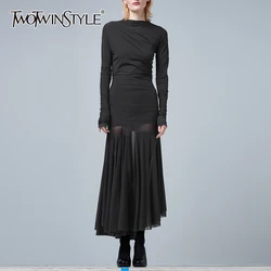 TWOTWINSTYLE Solid Spliced Sheer Mesh Dresses For Women O Neck Long Sleeve High Waist Temperament Dress Female Fashion Style New