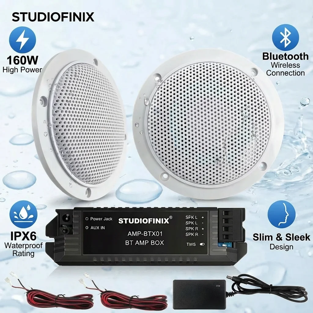 

Studiofinix 4-дюймовые потолочные колонки Bluetooth водонепроницаемый комплект динамиков 160 Вт для ванной комнаты, кухни, дома, кемпера на открытом воздухе (1 пара)