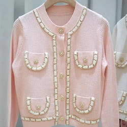 Autumn Clothes New 2022 Women's Sweet Pink Bright Silk Wool Slim-Fit Knitted Cardigan Fashion Round Neck Long Sleeve Sweater