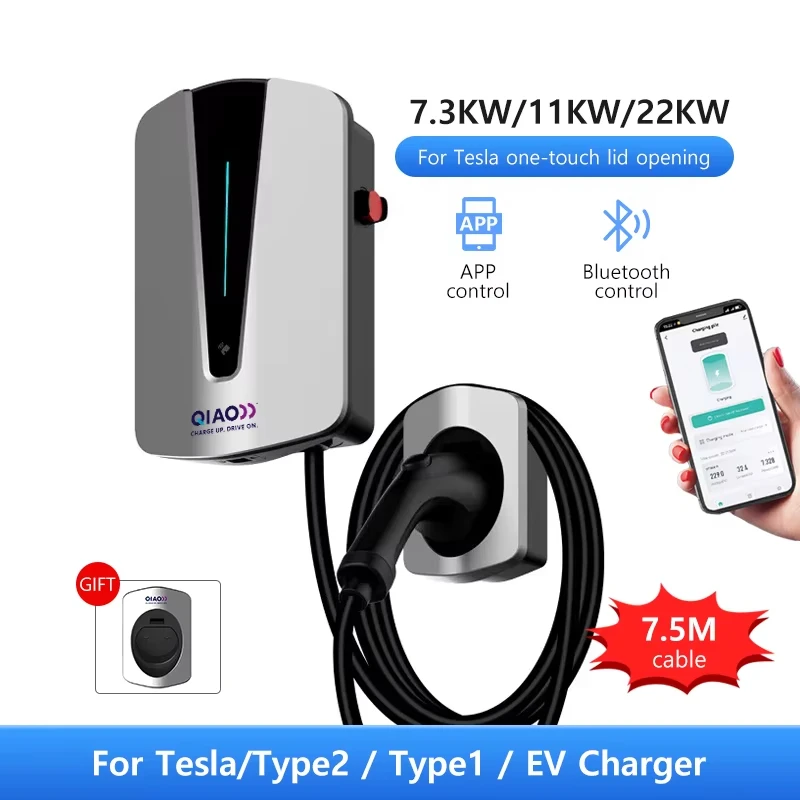 

7.3KW 11KW 22KW Level 2 EV Charger 7.5m Cable Bluetooth Wifi APP 16A 32A Connection Home Electric Vehicle Charging Station