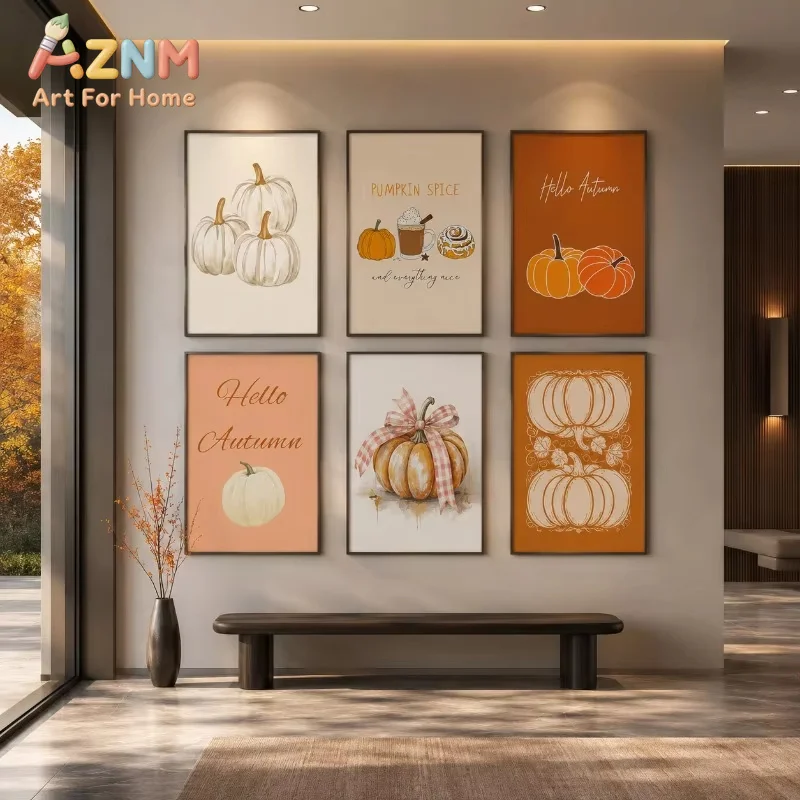 Halloween Fall Pumpkin Canvas Gallery Wall Prints Hello Autumn Pumpkin Spice Wall Art Farmhouse Thanksgiving Home Decor Gift