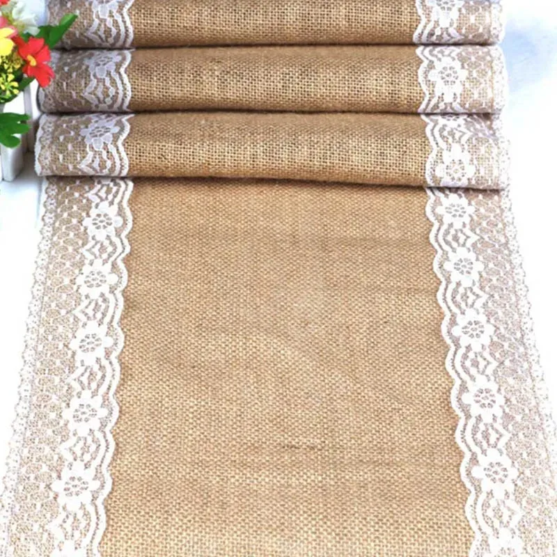 

YOZA Jute Table Runner Vintage Natural Burlap Lace Table Cover for Wedding Birthday Party Restaurant and Hotel Decoration