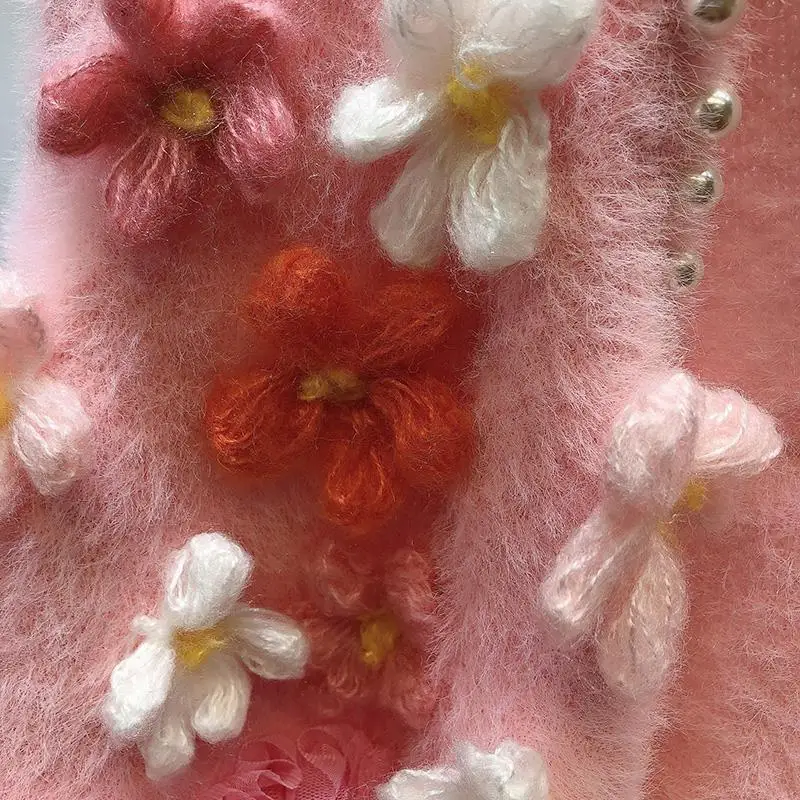 Winter 3D Flowers Crocheted Gauze Pleated Pearls Beaded Knitted Cardigan Mesh Yarn Spliced Ruffles Sweater Coat Knitwear Tops
