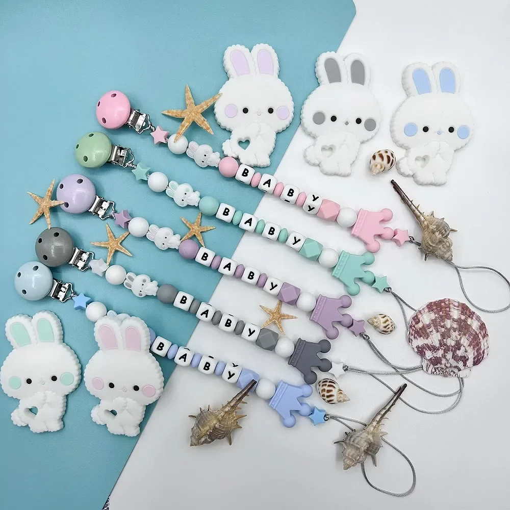 

Personalized English Russian Letters Name Baby Rabbit Silicone Pendant Pacifier Clips Chains Holder Teether Baby Kawaii Toy Gift