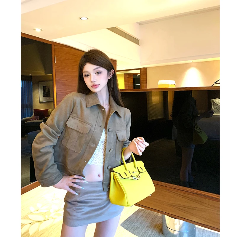 

Retro Suede Jaet Women's ort i Color Workwear Jaet Versatile Top Autumn Winter New Sle Ladies Faion Daily Wear
