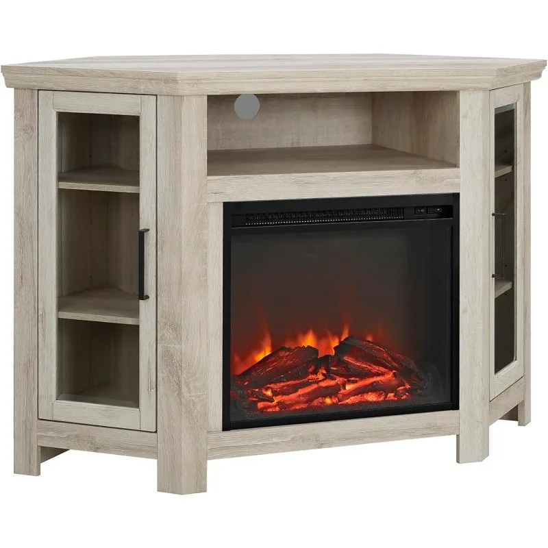 Classic Glass Door Fireplace Corner TV Stand for TVs up to 55 Inches, 48 Inch, White Oak