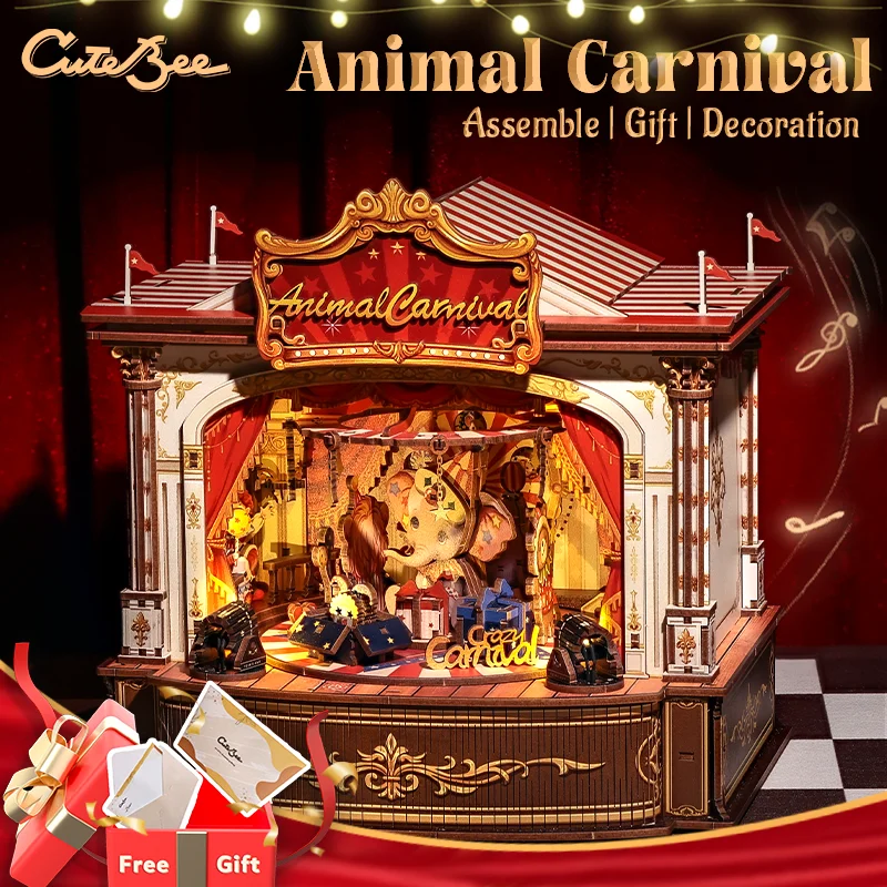 Original CUTEBEE DIY Miniature House Kit Wooden MusicBox Handmade Dollhouse Animal Carnival for Bookshelf Insert Home Decoration