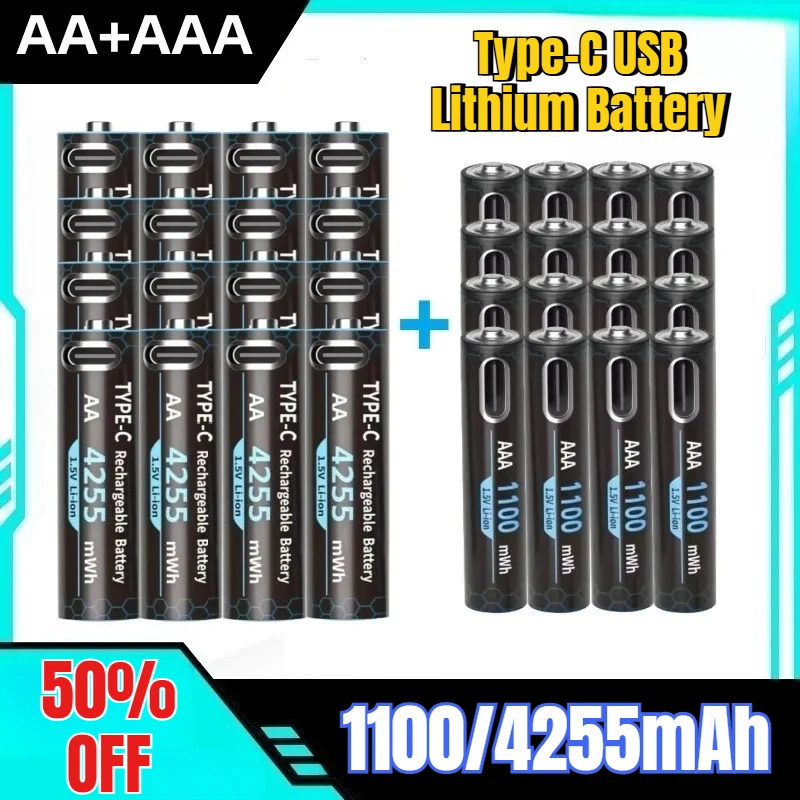 

1.5V AA+AAA 4255mAh/1100mAh Rechargeable Battery Type-C USB Lithium Battery for Remote Control Toy Battery with Charging Cable