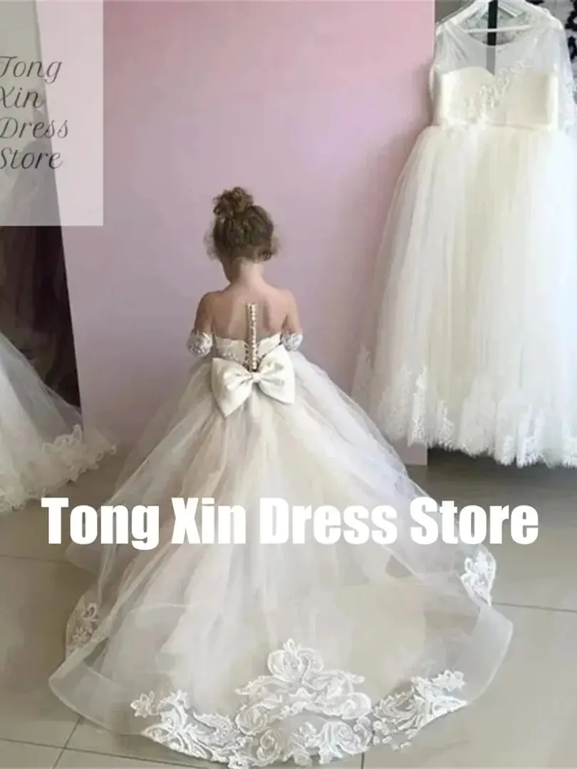 Maßgeschneiderte Hochzeit Spitze Länge A-Linie Schleife Blumenmädchenkleider für Applikationen Boden Kinder Geburtstag Party Brautjungfer Erstkommunion