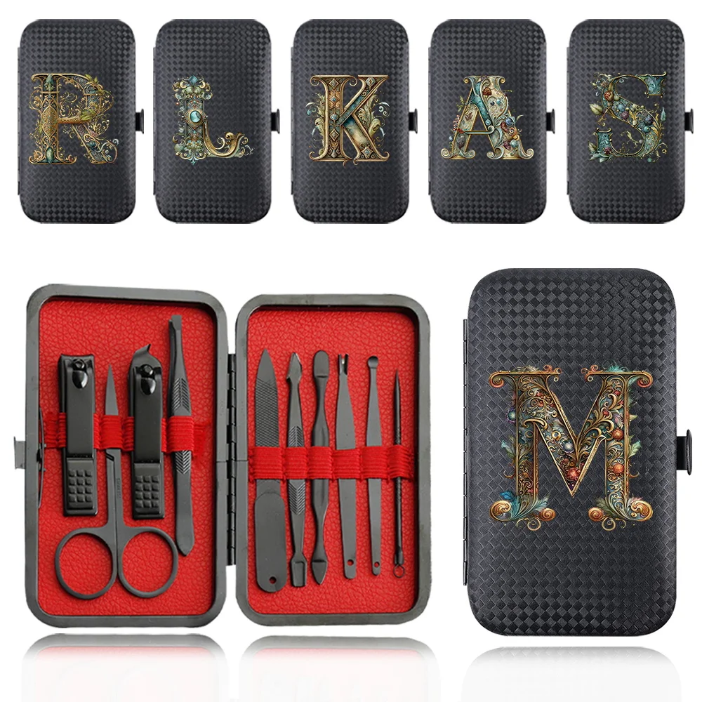 

10Pcs Nail Clipper Set Organizer Stainless Steel Manicure Tool Case Portable Pedicure Kit PU Folding Bag Graphic Letter Pattern